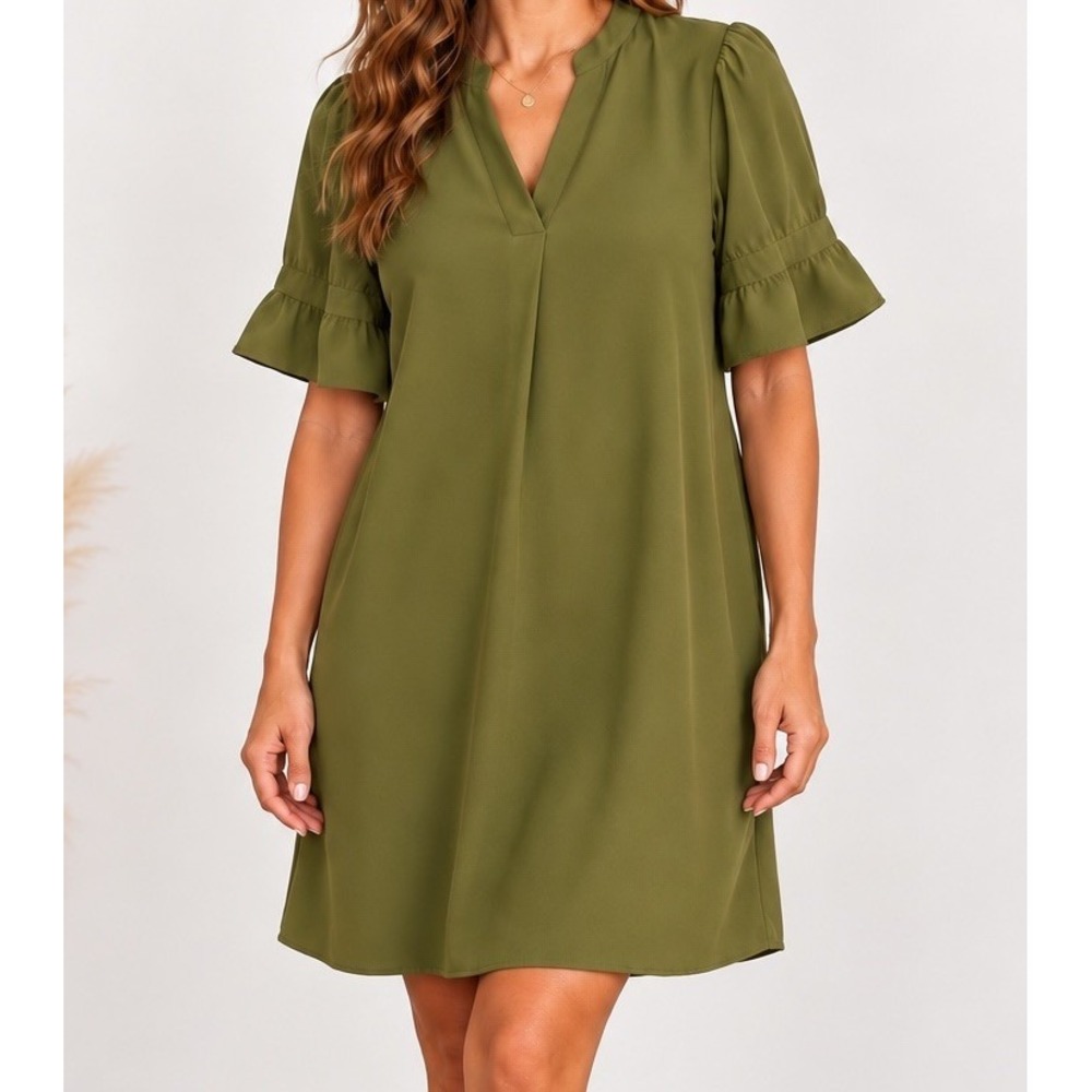 Womens V Neck Ruffle Sleeve Shift Dress Size L Olive Green Boho Cottagecore Y2K